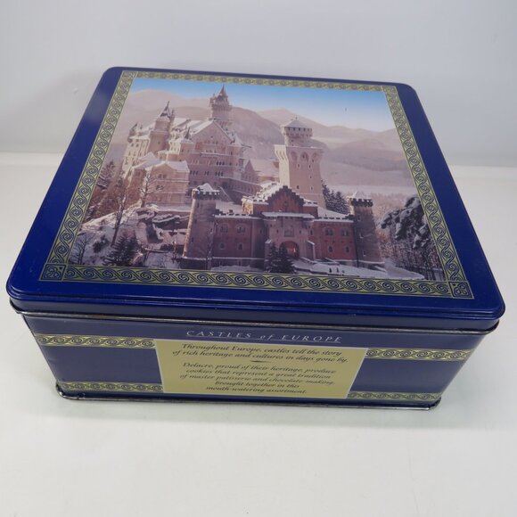 Castles of Europe metal tin royal blue with gold borders Vintage Delacre - Picture 2 of 11